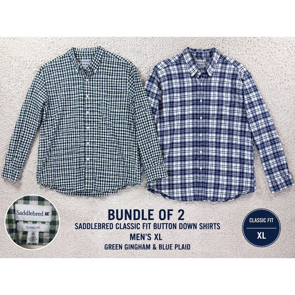 Saddlebred Button Up Shirts Mens XL Blue Green Plaid Gingham 2PC Bundle